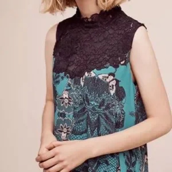 Anthropologie Maeve Silk blend Butterfly Swan Green print Lace top Swing Dress - Picture 16 of 16